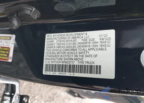 2023 Honda Ridgeline Rtl-E from USA, damaged, VIN 5FPYK3F78PB022737